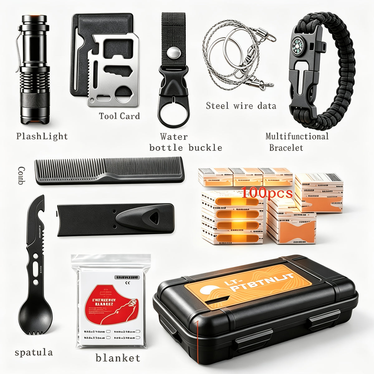 Men's Survival Kit 12 to 115 Piece Emergency Gear Set with Flint Fire Starter Multi-Tool for Camping Hiking Hunting Fishing Outdoor Adventure Gift for Dad Husband