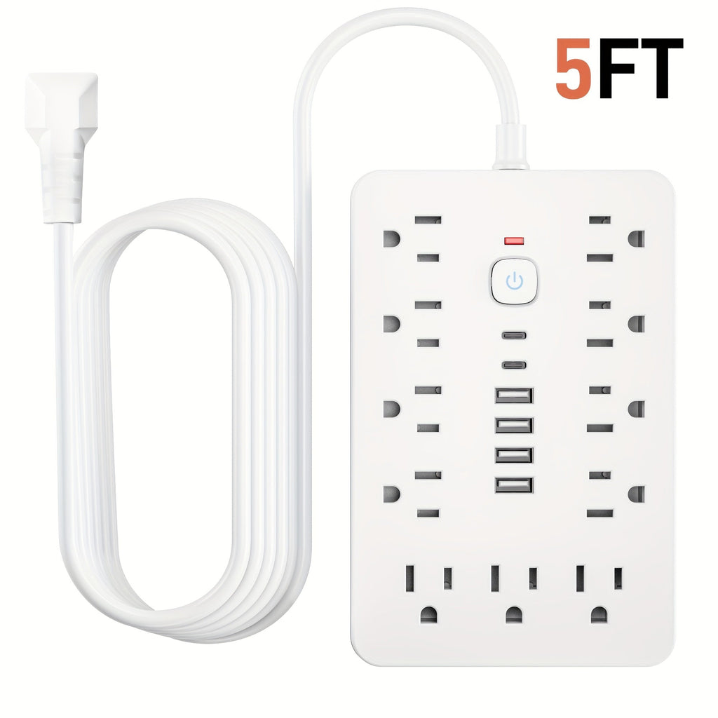 17-in-1 Power Strip Surge Protector 11 AC Outlets 4 USB-A 2 USB-C Ports Flat Plug Space-Saving Extension Cord Home Office Desk Kitchen Bedroom 5ft 10ft White Black