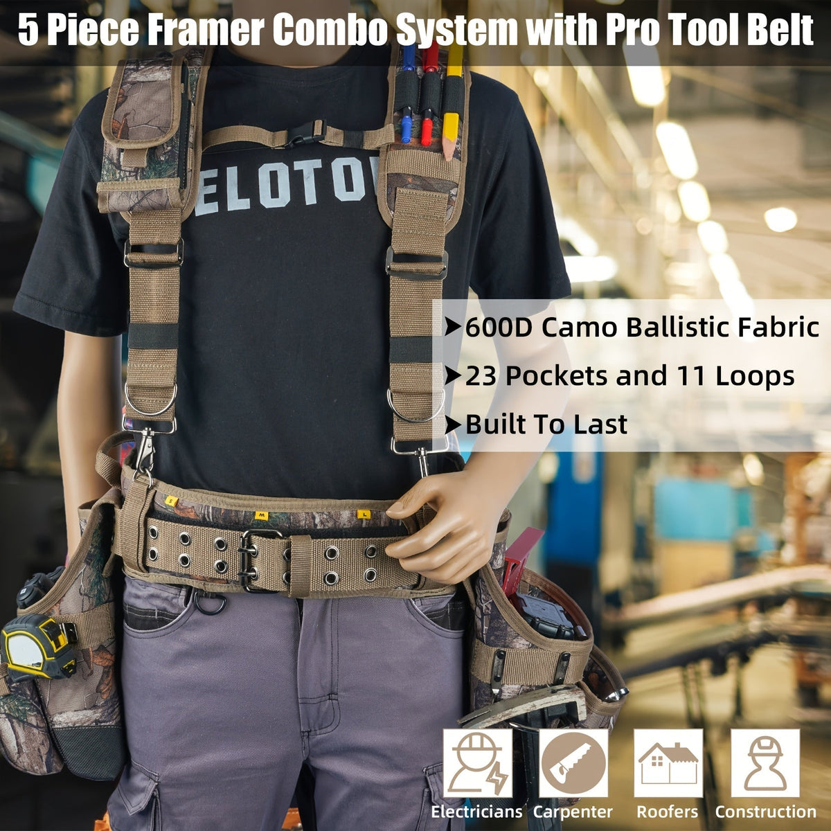 Heavy Duty Tool Belt with Suspenders 5-Piece Set – 1680D Ballistic Fabric, Carpenter Framer Construction Pouch with Phone Holder & Hammer Loop, Fits Electricians, Roofers & Contractors