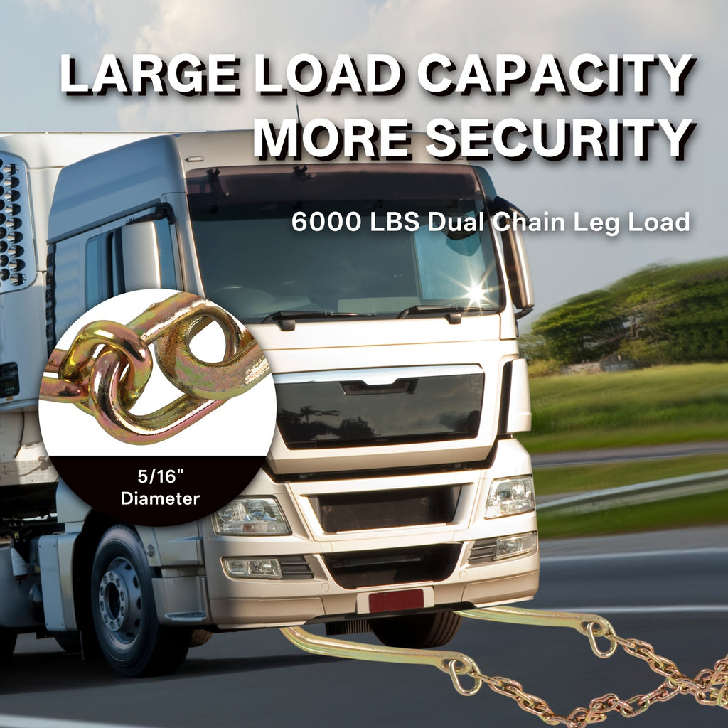 Grade 70 Heavy Duty Trailer Chain Set 5/16 Inch x 2 Feet with J Hooks and V-Chain Grab Hooks - Anti-Rust 20Mn2 Alloy Steel, 6000 lb Safe Working Load for Flatbed Trailer, Towing and Cargo Securing