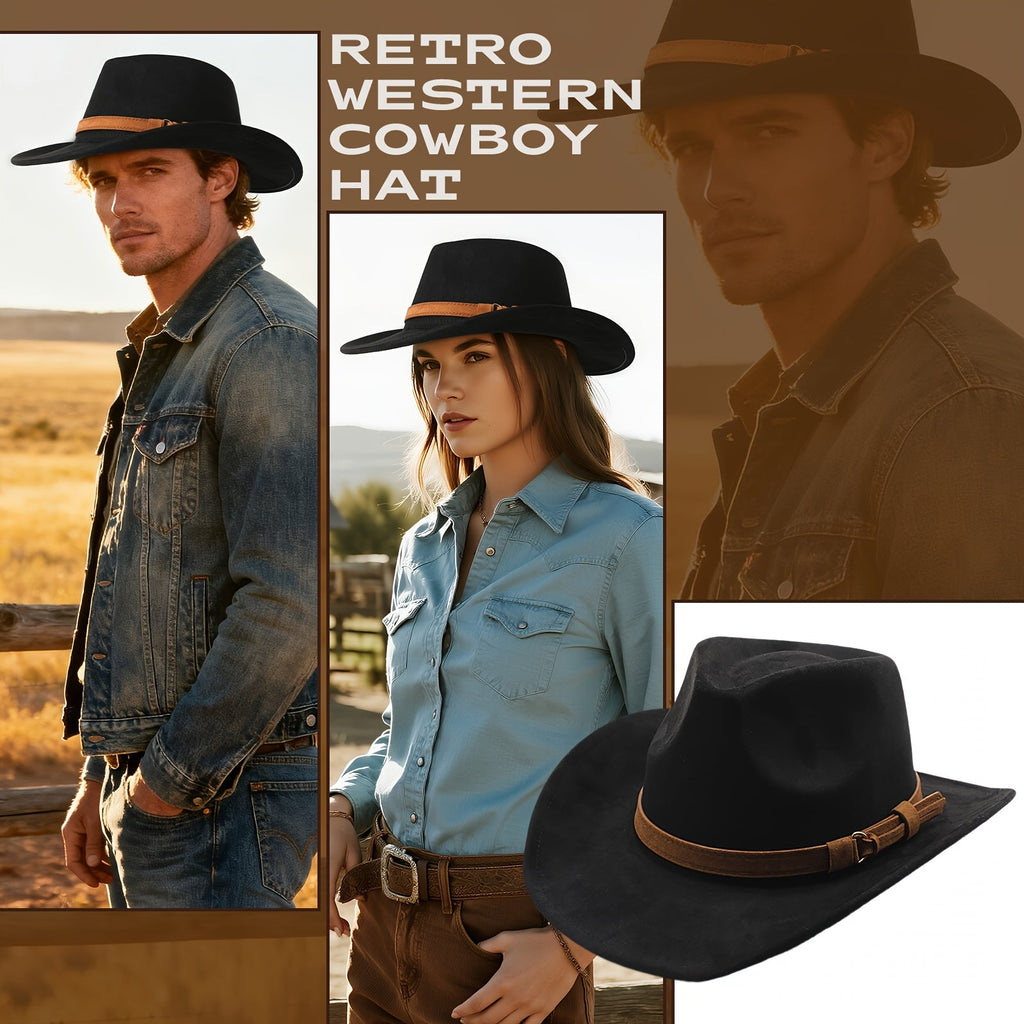 Wide Brim Western Cowboy Hat Unisex Retro Fedora Style – Outdoor Travel Beach Festival Costume Hat for Men Women, 7 Colors Brown Black Khaki Beige Grey White