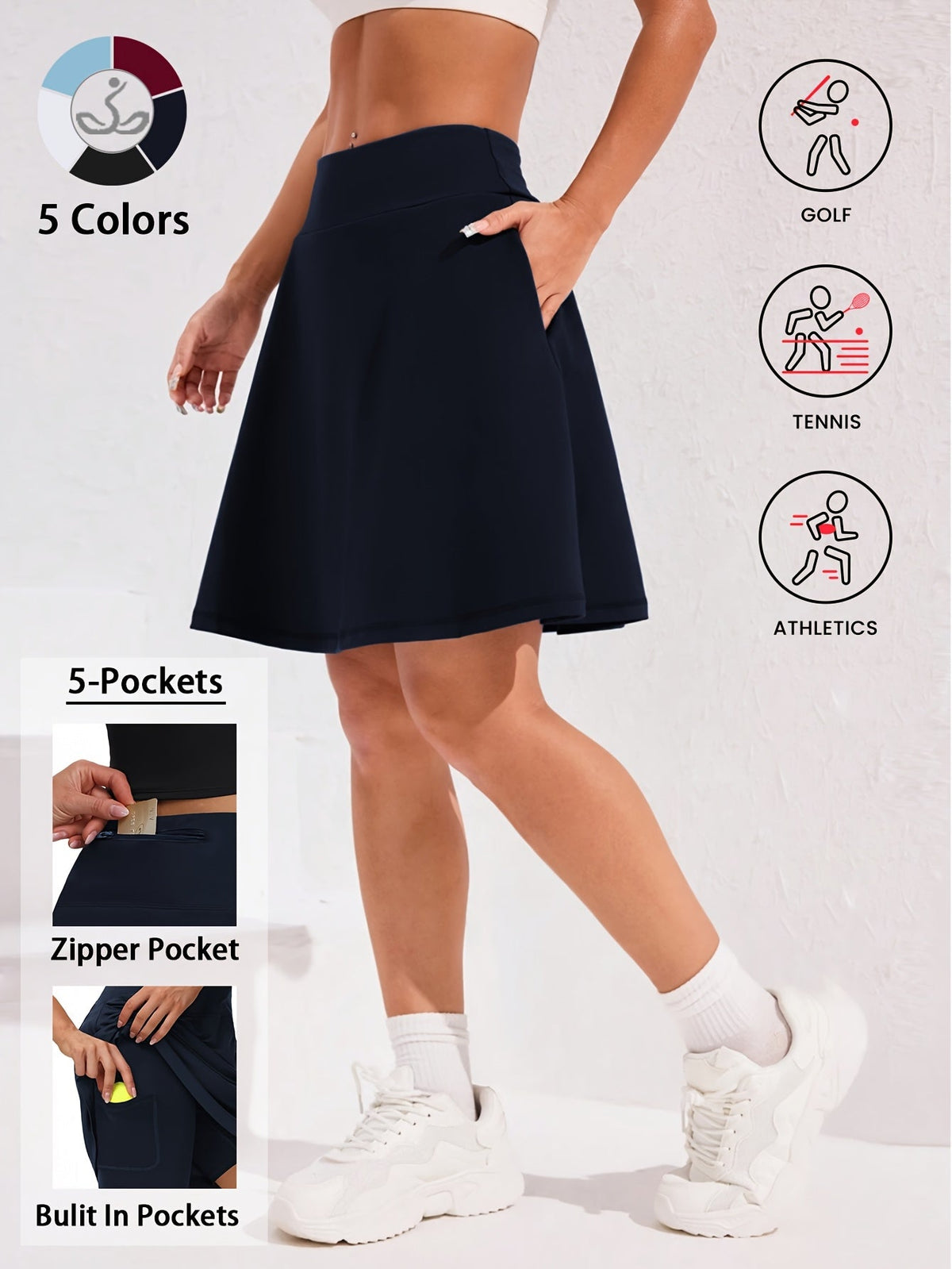 Women's 20-Inch Knee Length Skorts with 5 Pockets – High Waist Built-In Shorts Athletic Skirt for Tennis Golf Pickleball Hiking Casual Wear, Sizes S-XXL, 5 Colors Black White Navy Sky Blue Deep Red