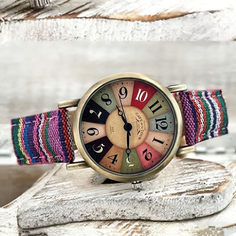 Colorful Bohemian Women's Quartz Watch – Striped Band Analog Wristwatch Stainless Steel Case Shock Resistant 3 Colors Purple Blue Rose Boho Style Daily Wear Festival Gift for Her