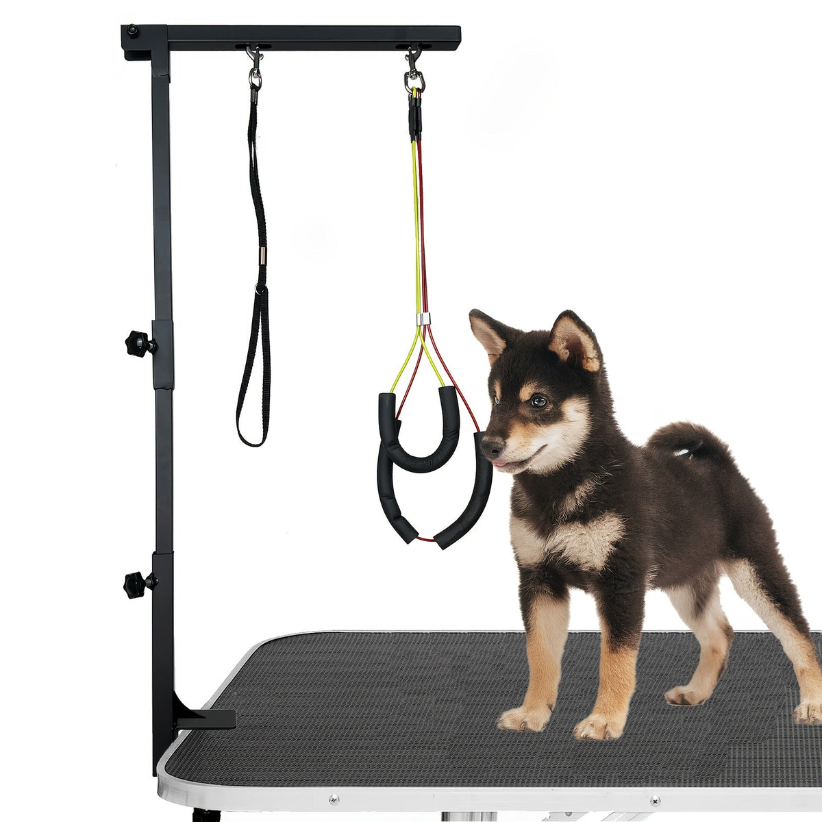 Dog Grooming Arm with Clamp 36 Inch Adjustable Heavy-Duty Iron No-Sit Haunch Holder 3-Section Design Small Medium Dogs Cats Colorful Positioning Ropes Professional Pet Grooming