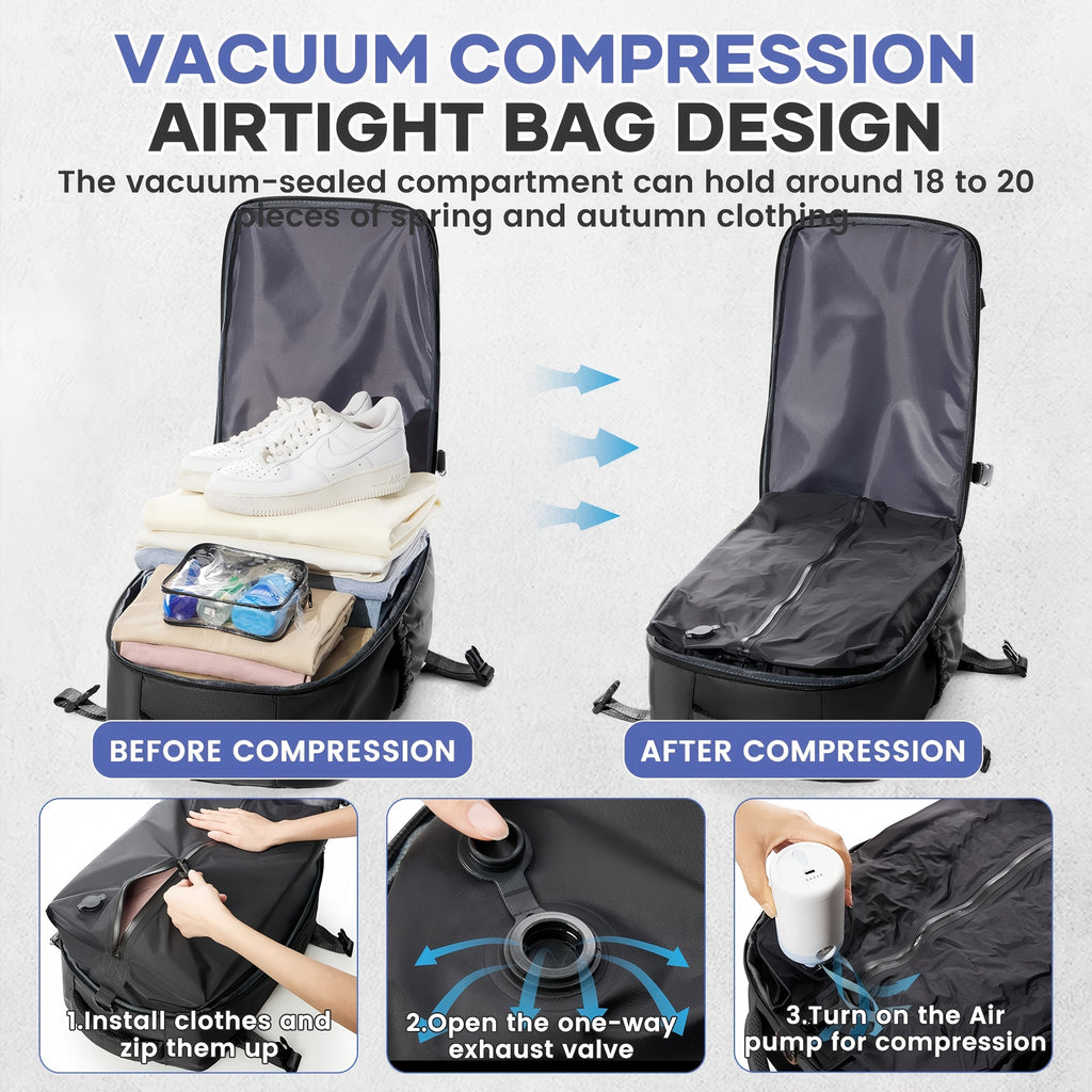 Vacuum Seal Travel Backpack with Air Pump – Expandable Large Capacity Compression Space Saver Laptop Carry-On Bag Oxford Cloth for Men Women Hiking Camping Travel