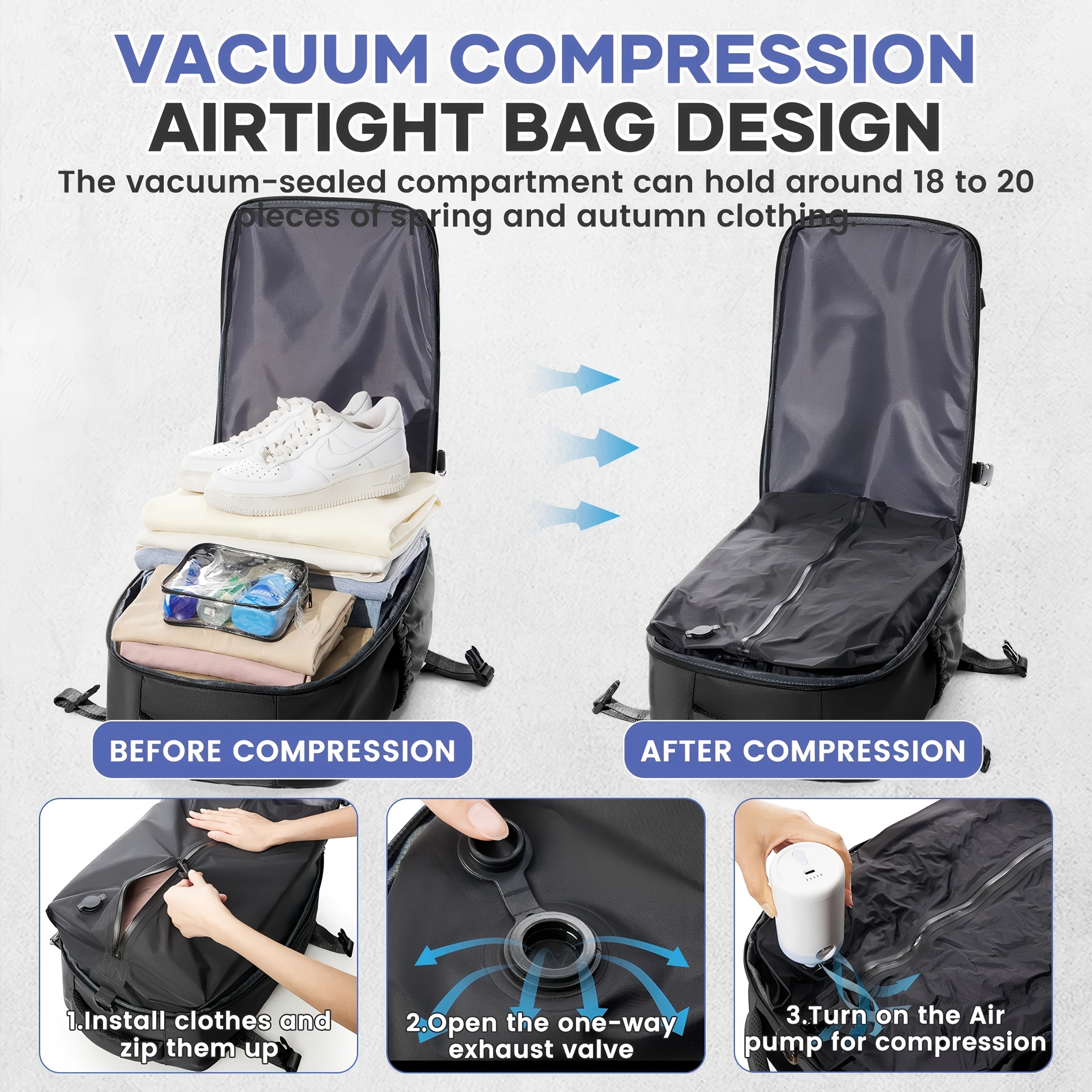 Vacuum Seal Travel Backpack with Air Pump – Expandable Large Capacity Compression Space Saver Laptop Carry-On Bag Oxford Cloth for Men Women Hiking Camping Travel