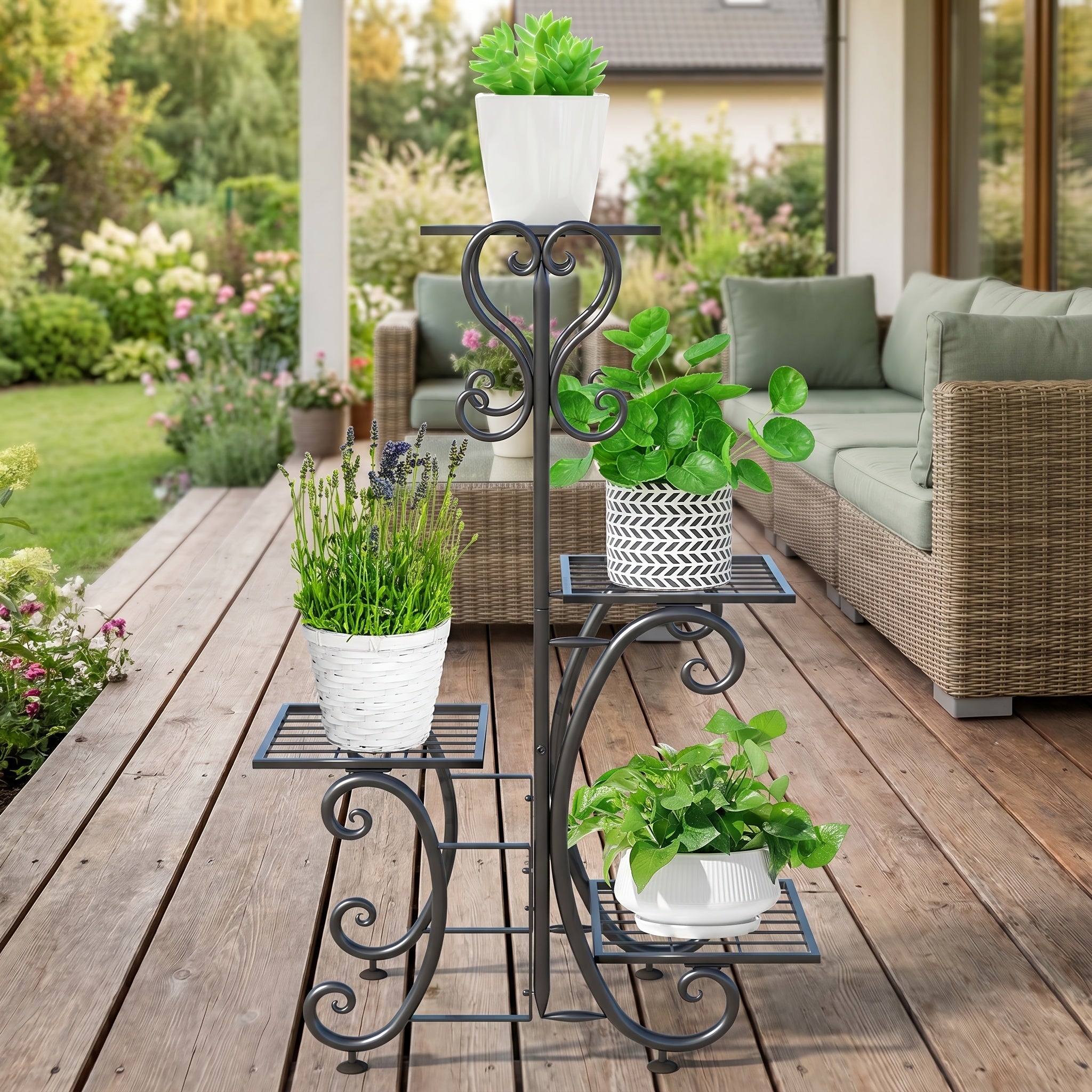 4 Tier Metal Plant Stand Indoor Outdoor Wrought Iron Corner Flower Pot Holder Display Rack Patio Balcony Garden Office Planter Shelf Black HYP-50 6 Tier