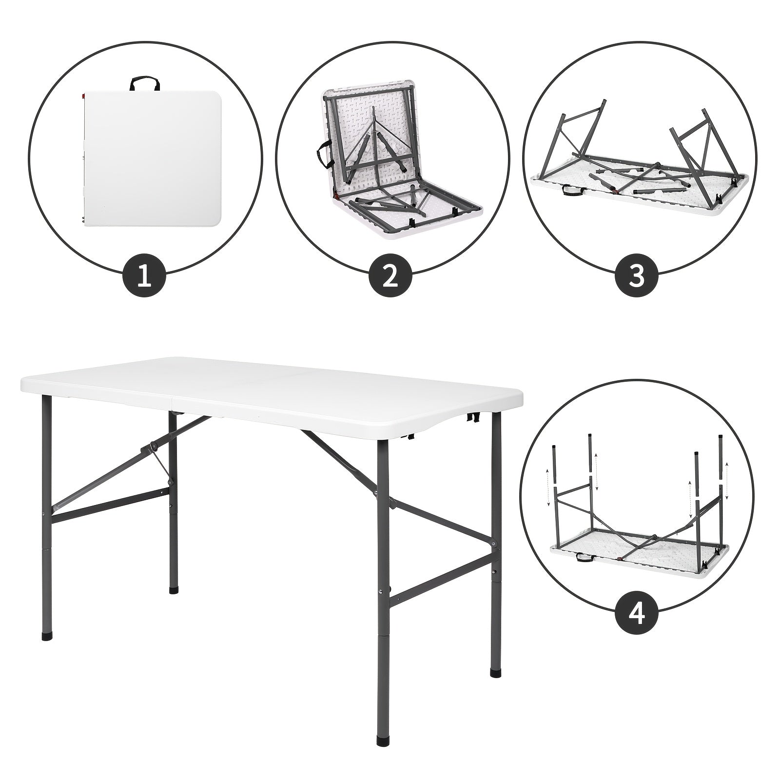 Folding Table 4ft & 6ft Portable Rectangle Table for Camping, Picnic, Wedding & Party – Lightweight with Carrying Handle, Easy Setup, Indoor Outdoor Fold Up Table – White