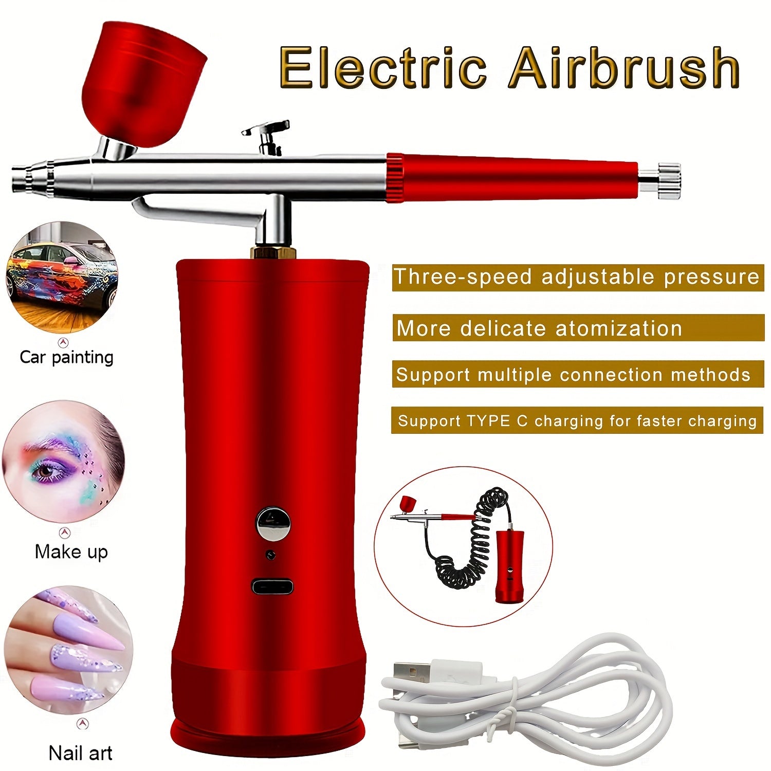 Rechargeable Cordless Airbrush Kit 0.3mm Nozzle 3-Speed Pressure Portable Airbrush Set for Makeup Nail Art Cake Decorating Model Painting Body Art USB-C Charging
