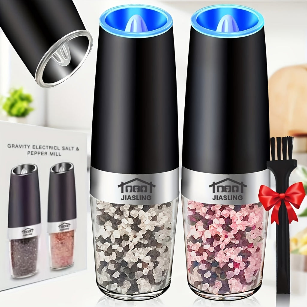 Electric Salt and Pepper Grinder Set 2 Pack Gravity Powered – Battery Operated LED Light, One-Handed Auto Mill, Adjustable Coarseness, Black Kitchen Gift