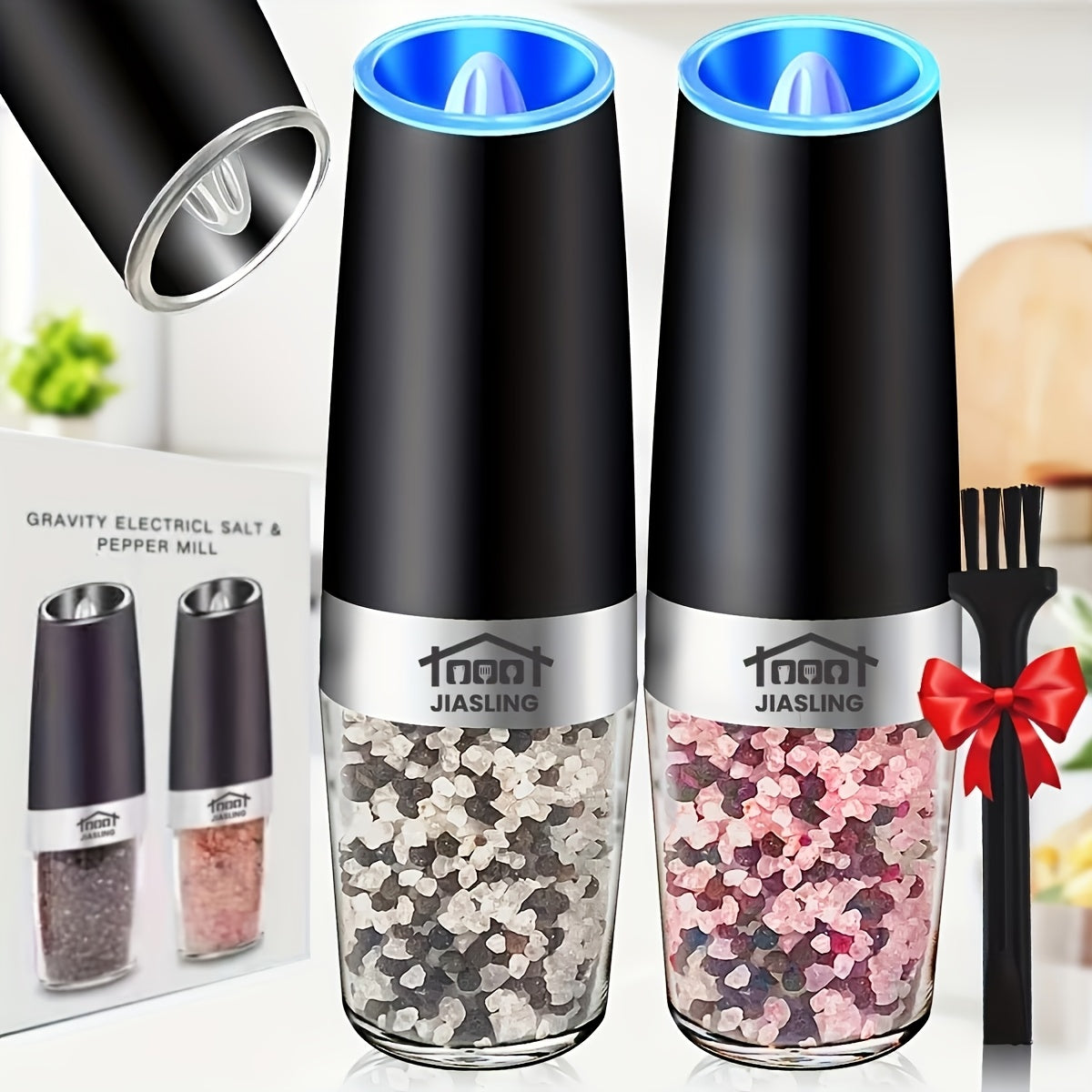 Electric Salt and Pepper Grinder Set 2 Pack Gravity Powered – Battery Operated LED Light, One-Handed Auto Mill, Adjustable Coarseness, Black Kitchen Gift