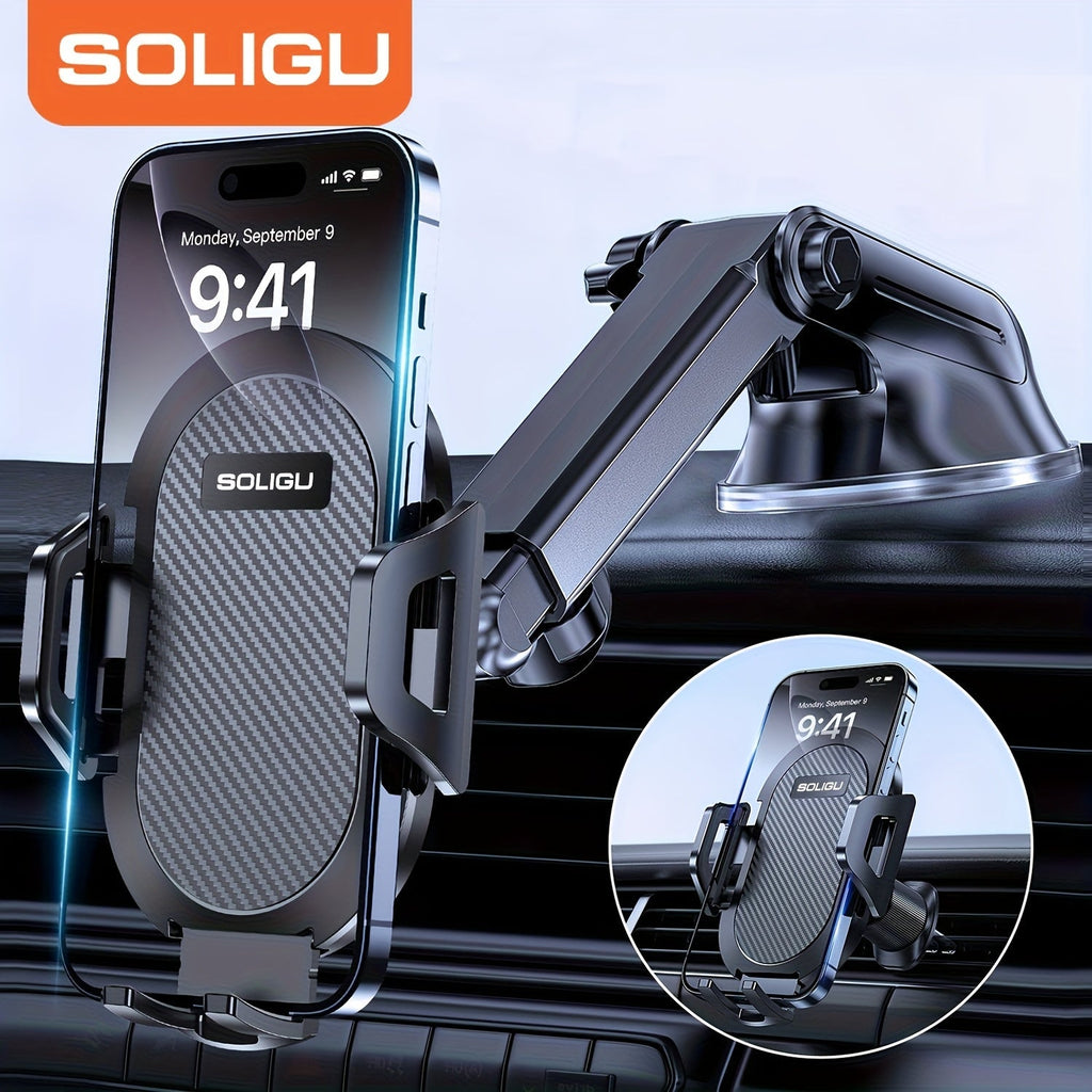 3-in-1 Car Phone Mount – Super Suction Dashboard & Air Vent Holder with Telescopic Arm, Adjustable Cradle & Quick Release for All Phones, Durable Metal Hooks