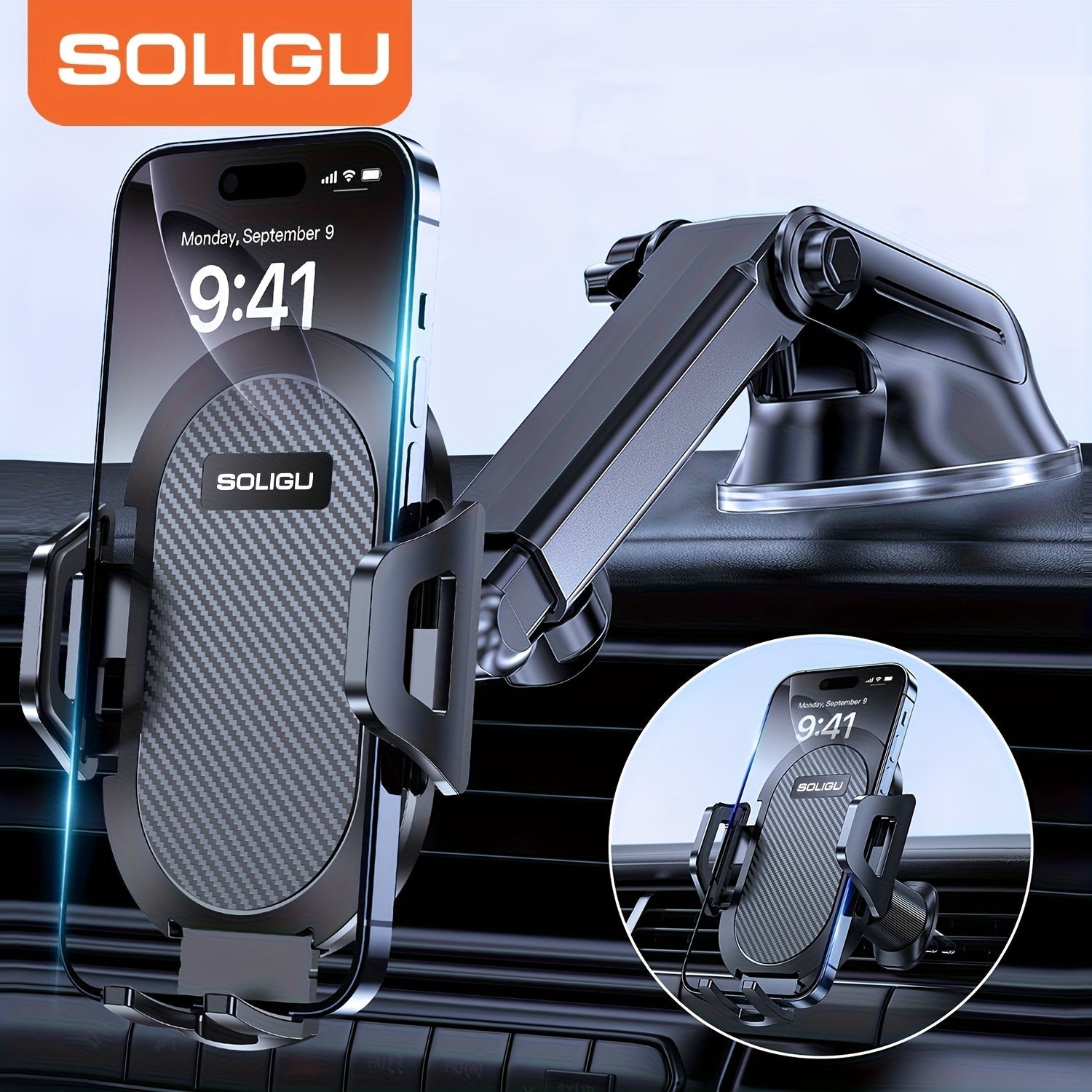3-in-1 Car Phone Mount – Super Suction Dashboard & Air Vent Holder with Telescopic Arm, Adjustable Cradle & Quick Release for All Phones, Durable Metal Hooks
