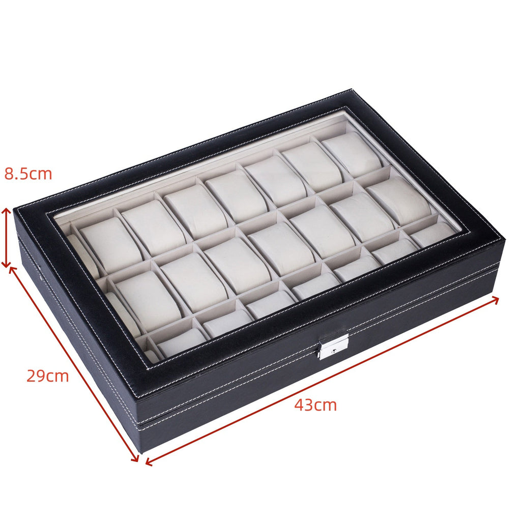 24-Slot PU Leather Watch Box Organizer Large Capacity – Top-Opening Lid Watch Display Case Cushioned Storage for Men Women Watch Collector Gift Black 43x29x8.5cm