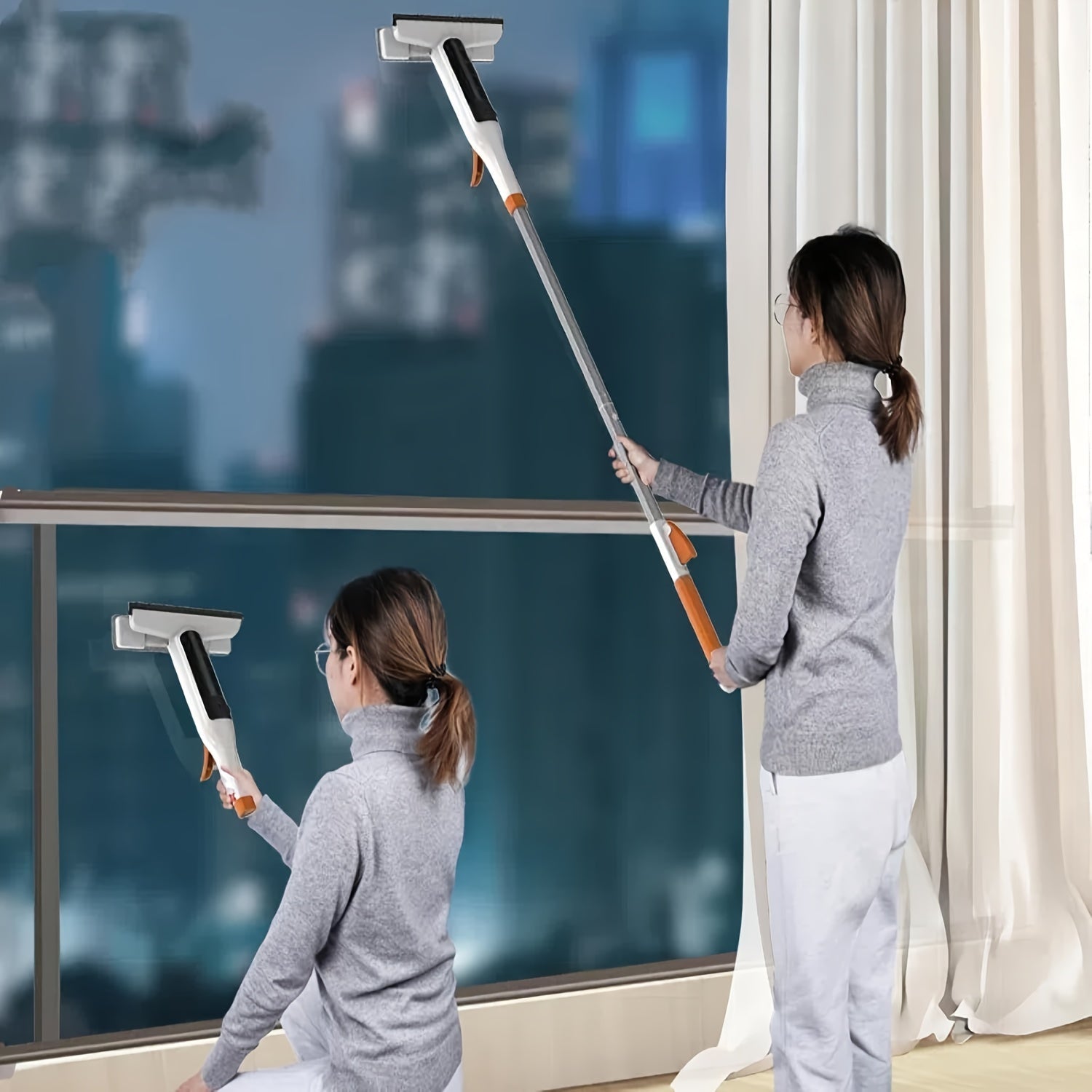3-in-1 Glass Cleaning Kit with Durable Metal Pole Squeegee and Scraper for High Windows Shower Doors Car Windshields – Streak-Free Home Cleaning Tool