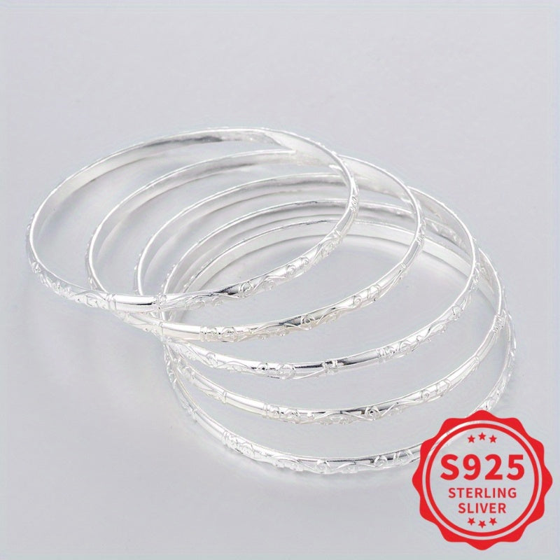 5 Piece 925 Sterling Silver Geometric Bracelet Set for Women – Hypoallergenic Minimalist Stackable Jewelry Perfect Mother's Day Daily Wear Gift for Her