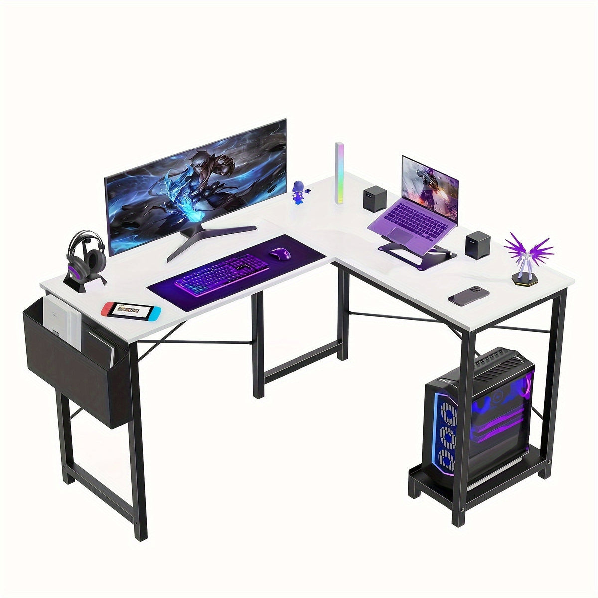 L-Shaped Corner Computer Desk with Storage Bag & Open Shelves – Reversible PC Laptop Workstation for Home Office Study Room Gaming Dorm, Space-Saving Writing Desk, 7 Colors
