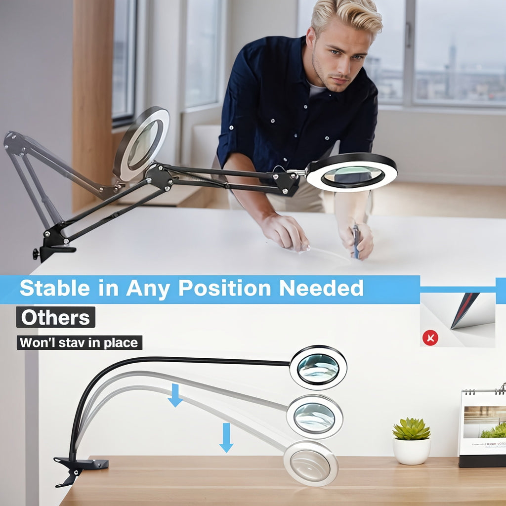 15X Magnification LED Magnifying Glass Lamp with Adjustable Arm & Clamp Base – Dimmable 3-Color Light, USB-Powered Desk Magnifier for Reading, Crafts, Manicure, Sewing & Precision Work (Black/White)