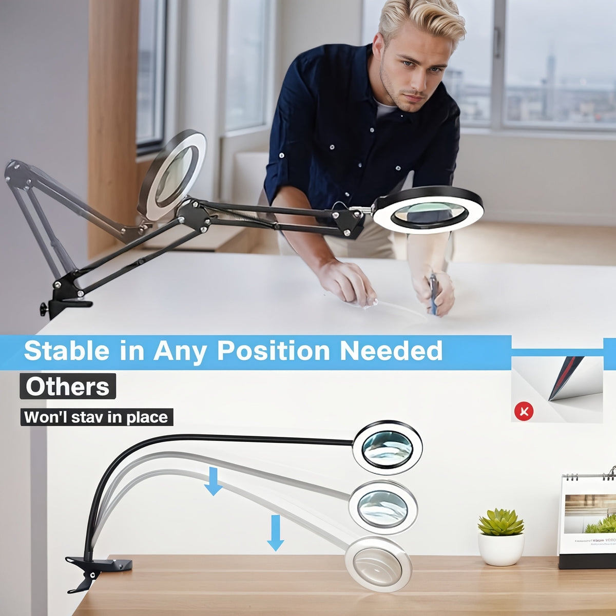 15X Magnification LED Magnifying Glass Lamp with Adjustable Arm & Clamp Base – Dimmable 3-Color Light, USB-Powered Desk Magnifier for Reading, Crafts, Manicure, Sewing & Precision Work (Black/White)