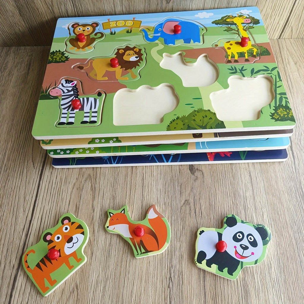 Wooden Peg Puzzle Set of 4 Toddlers 32 Pieces Chunky Knob Puzzles Farm Zoo Animal Themes Montessori Learning Toy for Ages 1 2 3 Fine Motor Skills Birthday Christmas Easter Gift Boys Girls