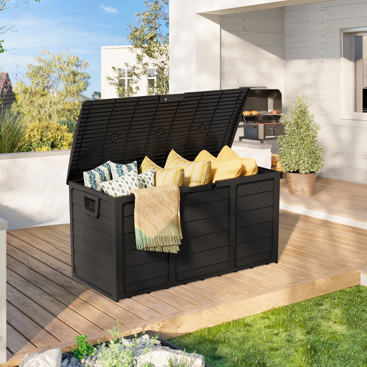 75 Gallon Resin Outdoor Storage Box with Handles Weatherproof Deck Box for Pool Accessories Garden Tools Patio Backyard