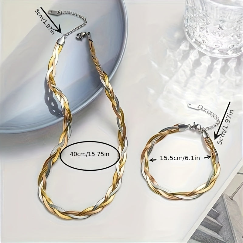 2-Piece Gold Stainless Steel Necklace Bracelet Set Women – Gold-Plated Tri-Color Hand-Woven French Minimalist Retro Style Daily Wear Holiday Party Gift