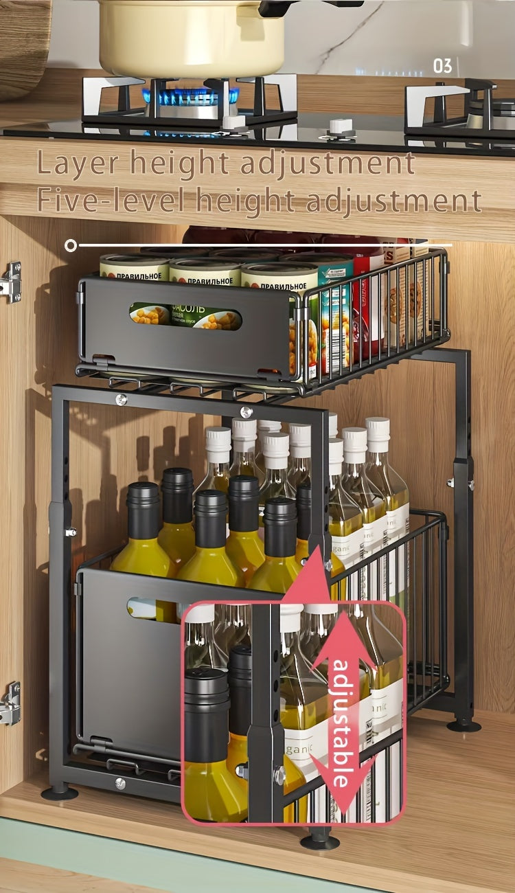 Under Sink Organizer 2-Tier Pull-Out Cabinet Shelf with Adjustable Height, Sturdy Carbon Steel Kitchen Storage Rack, Space-Saving Bathroom & Pantry Cabinet Organizer for Kitchen Organization