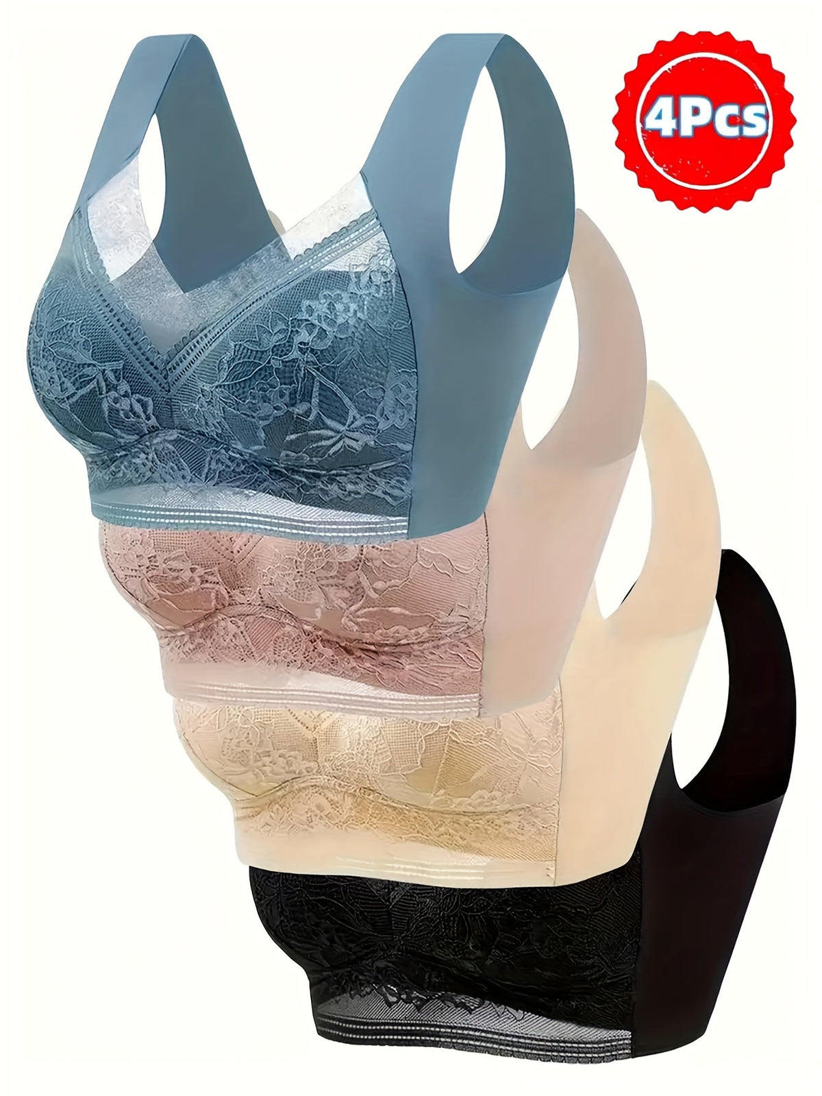 4 Pack Lace Ice Silk Bra Vest for Women – Wire-Free Gathered Support Traceless Seamless Camisole Bra with Beautiful Back Design, Breathable Thin Underwear S-XXL, 2 Multicolor Sets