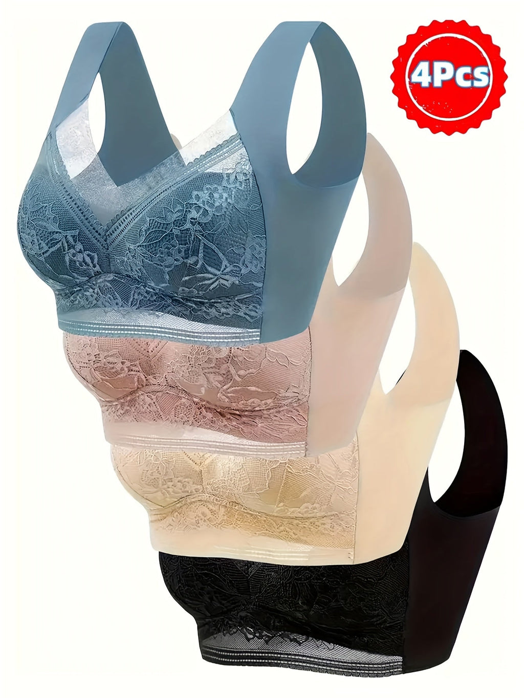 4 Pack Lace Ice Silk Bra Vest for Women – Wire-Free Gathered Support Traceless Seamless Camisole Bra with Beautiful Back Design, Breathable Thin Underwear S-XXL, 2 Multicolor Sets