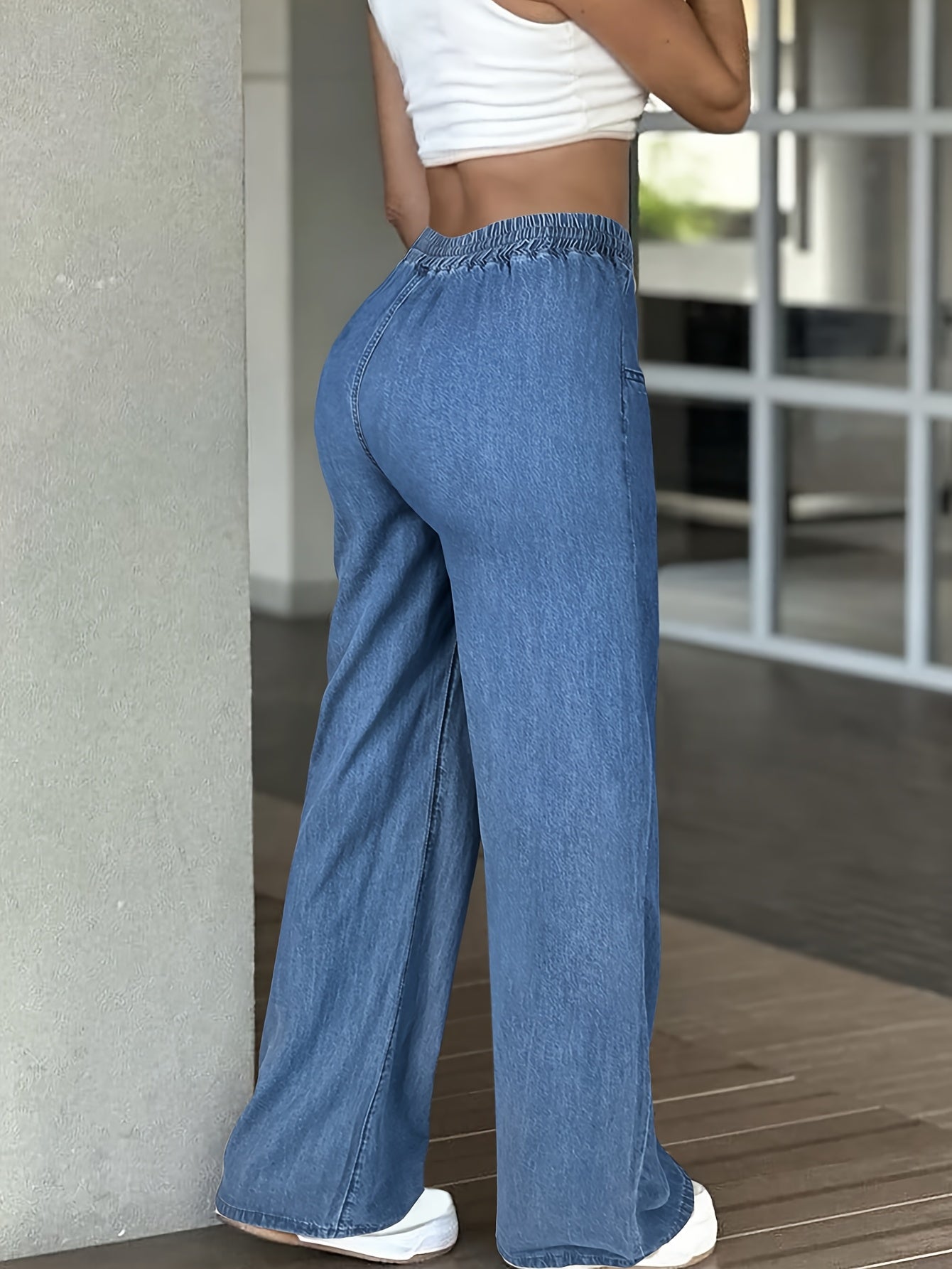 High-Waisted Wide Leg Jeans Women Loose Fit Drawstring Elastic Waist Solid Light Blue Lightweight All-Season Casual Denim XS-XL