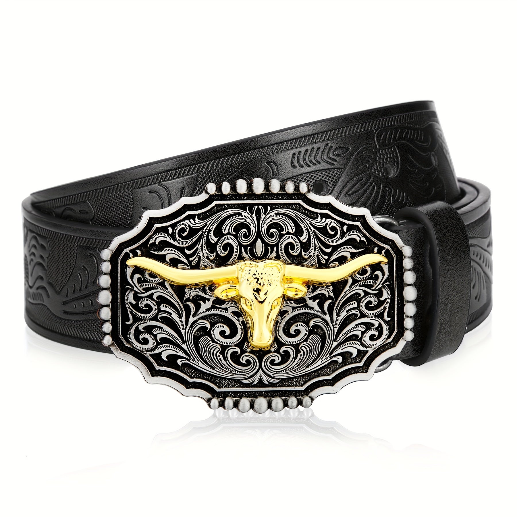Western Cowboy Belt Men Women Embossed Floral Faux Leather Longhorn Bull Big Buckle – 23 Styles Sizes 34-44 Waist 32"-42" Country Rodeo Halloween Christmas Father's Day Gift