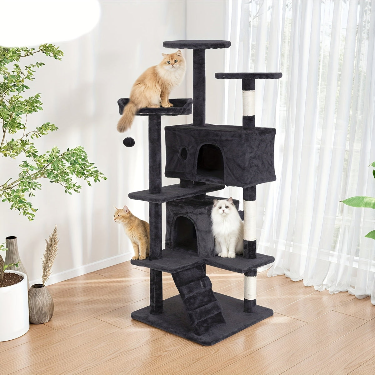 Multi-Level Cat Tree Tower with Scratching Post Indoor Kitten Activity Center Playhouse Easy Assembly 22 54 60 70 Inch Heights 7 Colors Dark Gray Beige Pink Navy Blue Green