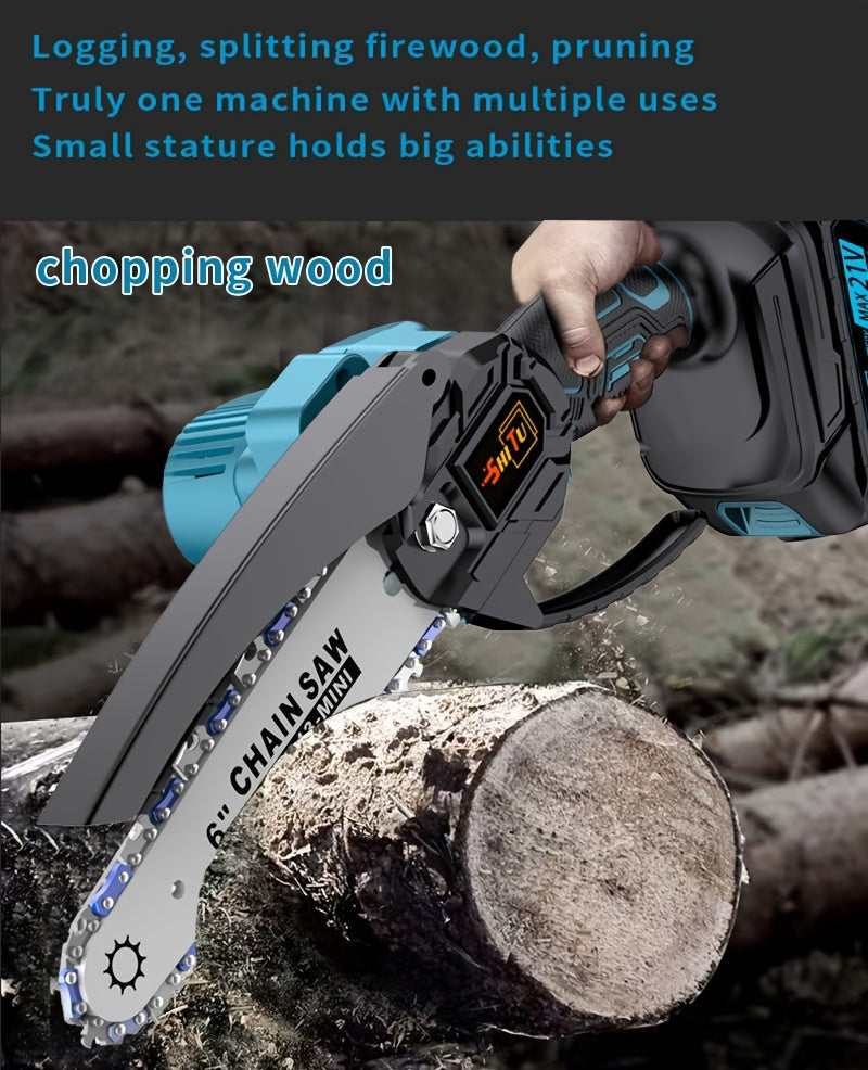Mini Cordless Chainsaw Portable Handheld Electric Tree Cutter with Splash Guard Security Lock Rechargeable Battery for Garden Yard Branch Pruning