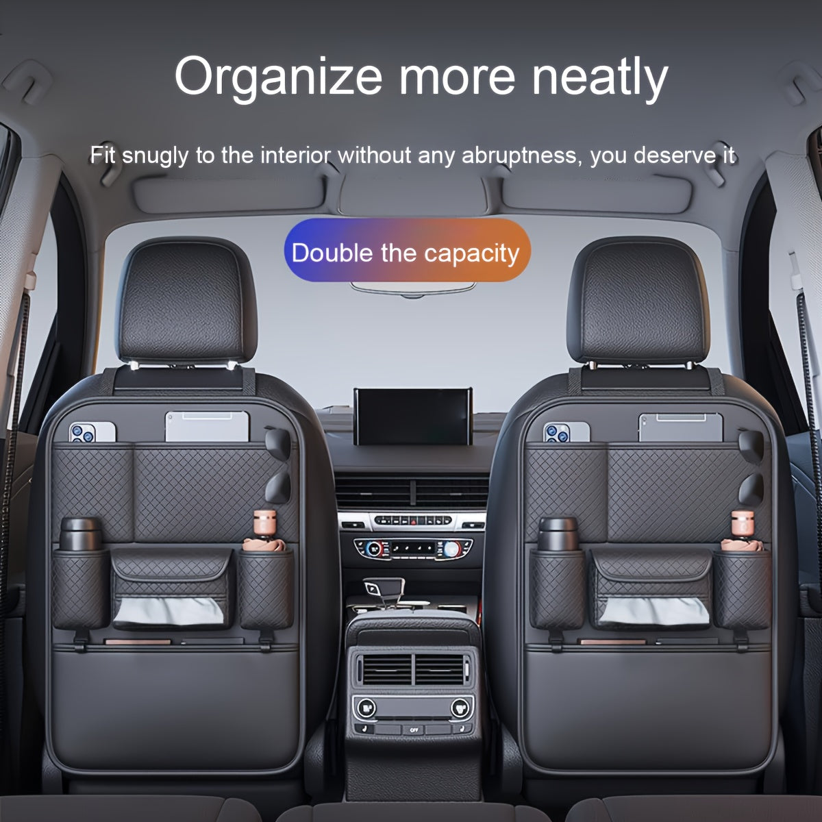 Car Seat Back Organizer PU Leather Large Capacity Multi-Pocket Backseat Storage Bag for Water Bottles Tablets Laptops – Classic Black Stylish Auto Interior Organizer for Cars SUVs Trucks