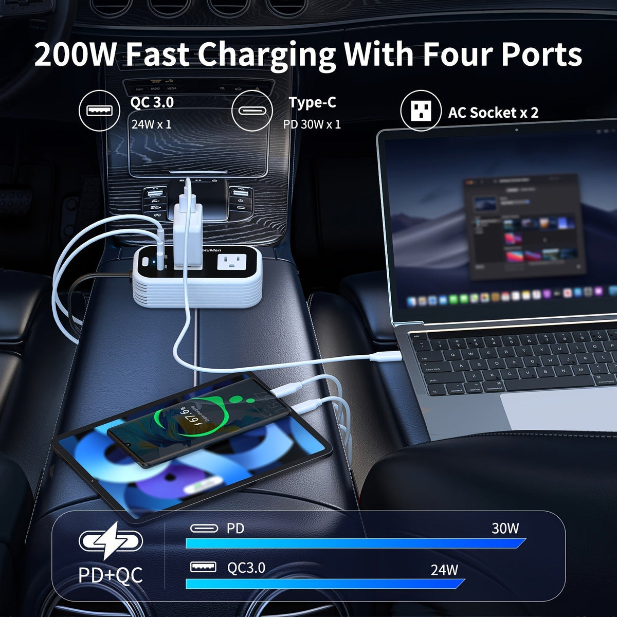 200W Car Power Inverter DC 12V to AC 110V with 30W USB-C PD Fast Charge 24W QC3.0 Car Outlet Adapter for Laptop Phone Tablet MacBook Road Trips Camping Trucks SUVs RVs