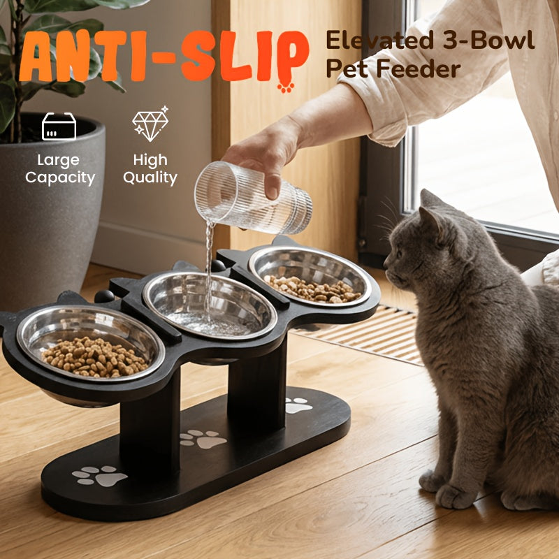 Elevated Cat Bowl Stand 15 Degree Tilted Stainless Steel Bowls Raised Feeder Cats Small Dogs Anti-Spill Black Wooden Base Set of 2 or 3 Bowls Food Water Ergonomic Posture