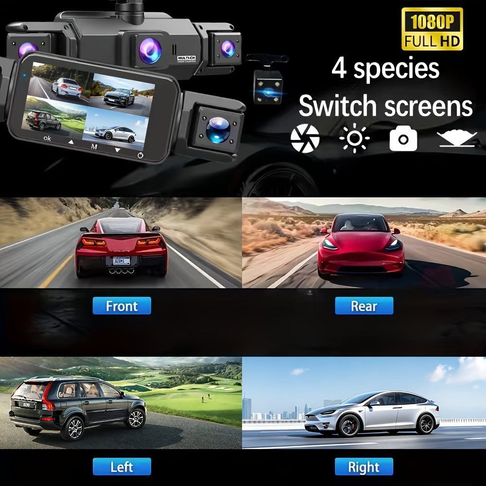 360 Dash Cam 3 4 Channel 1080P HD Full Coverage Night Vision WDR G-Sensor Loop Recording 24/7 Parking Monitor WiFi Multi-Lens Car Camera System Zero Blind Spots Front Rear Side Interior