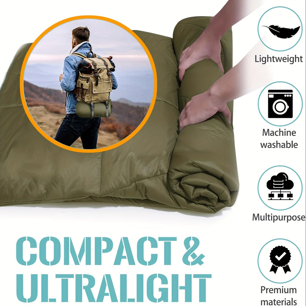 Outdoor Camping Puffy Blanket DWR Water Resistant with 3D Eye Mask – Foldable Lightweight Warm 140x200cm for Camping Travel Car Beach Stadium Festival Hammock Sofa Green Grey Black Blue