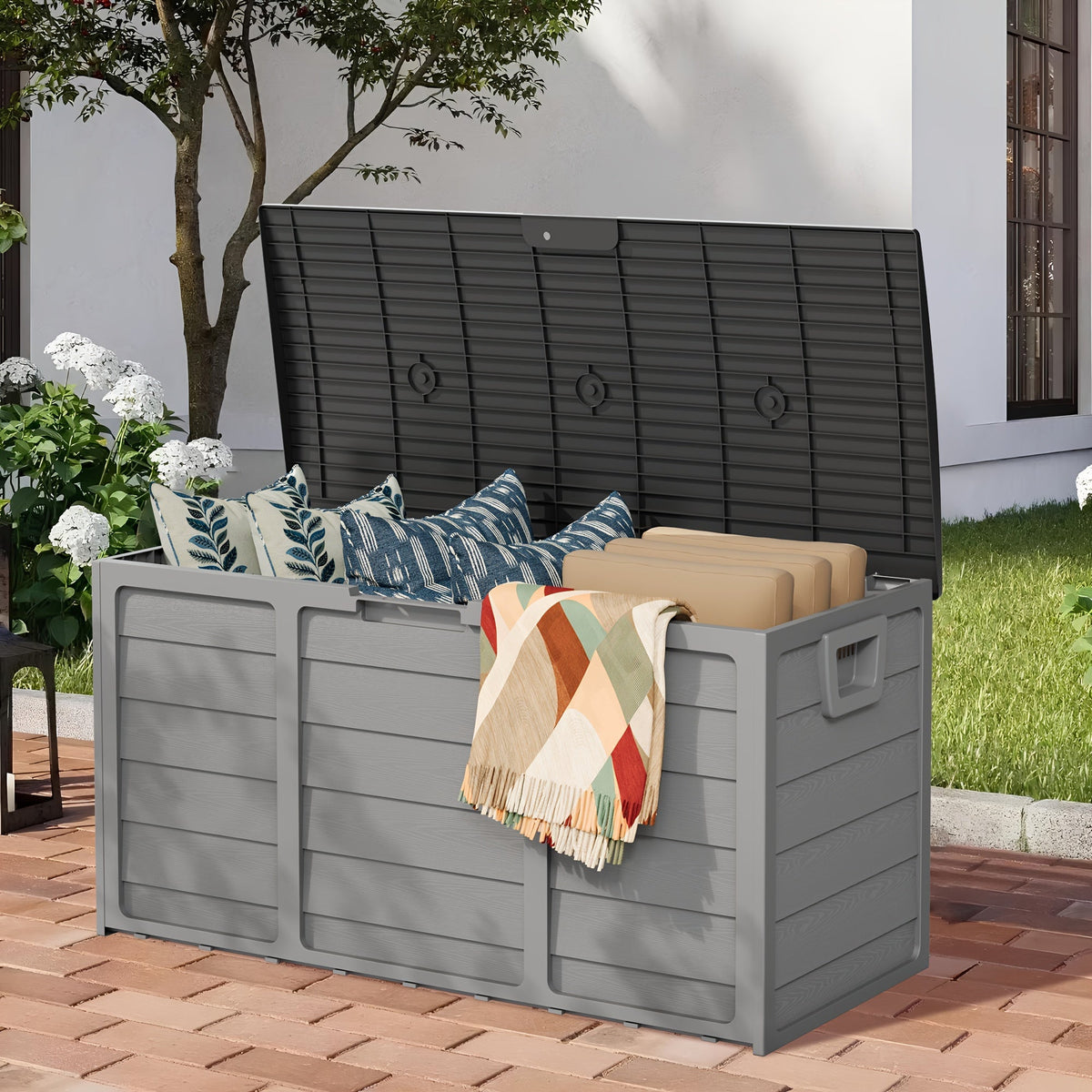 75 Gallon Resin Outdoor Storage Box with Handles Weatherproof Deck Box for Pool Accessories Garden Tools Patio Backyard