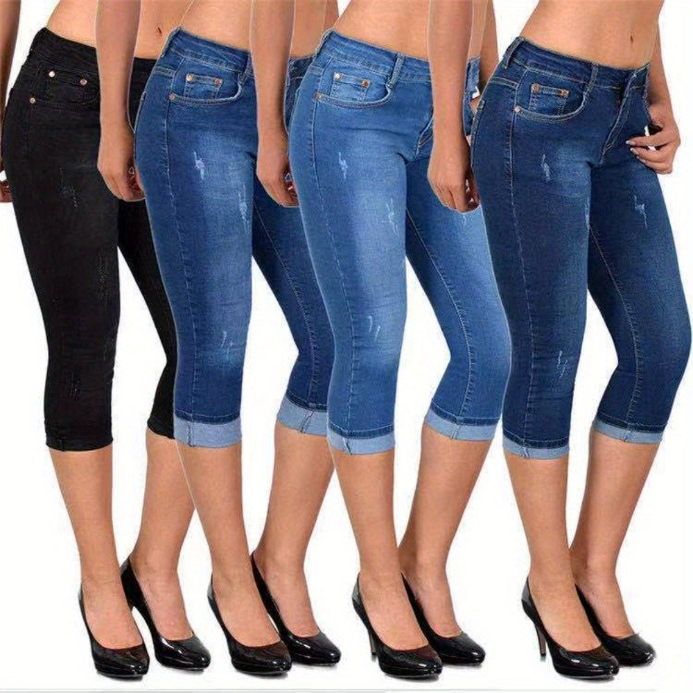 Women's Stretch Skinny Capri Jeans – Slim Fit Cropped Denim Pants with Elastic Waistband, Soft Machine Washable Fabric, Street Style Summer Casual, 3 Colors, Sizes S-XXL