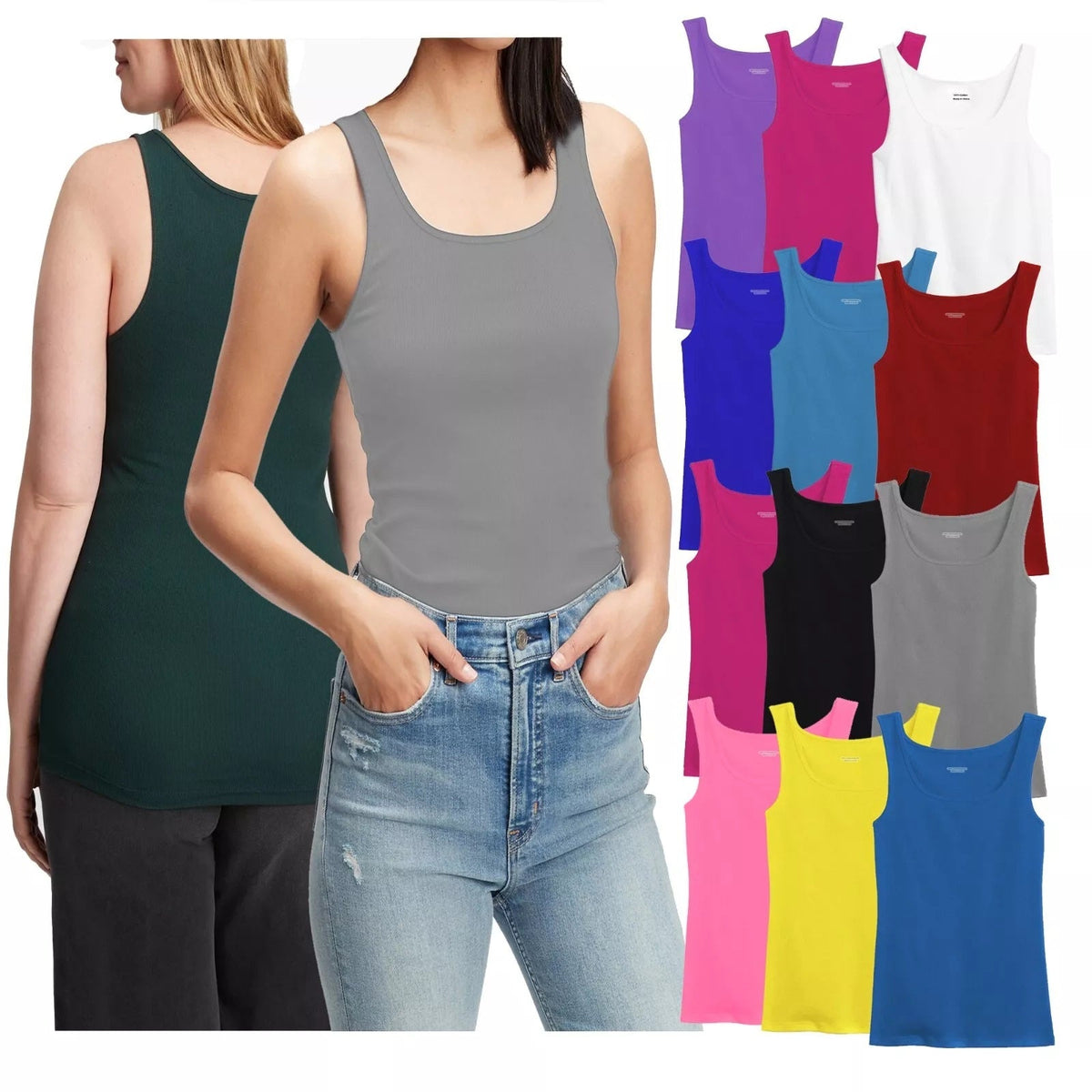 100% Cotton Ribbed Tank Top Women Tagless Sleeveless Undershirt Round Neck Multipack 3 6 9 12 Pcs Random Colors S-XXL