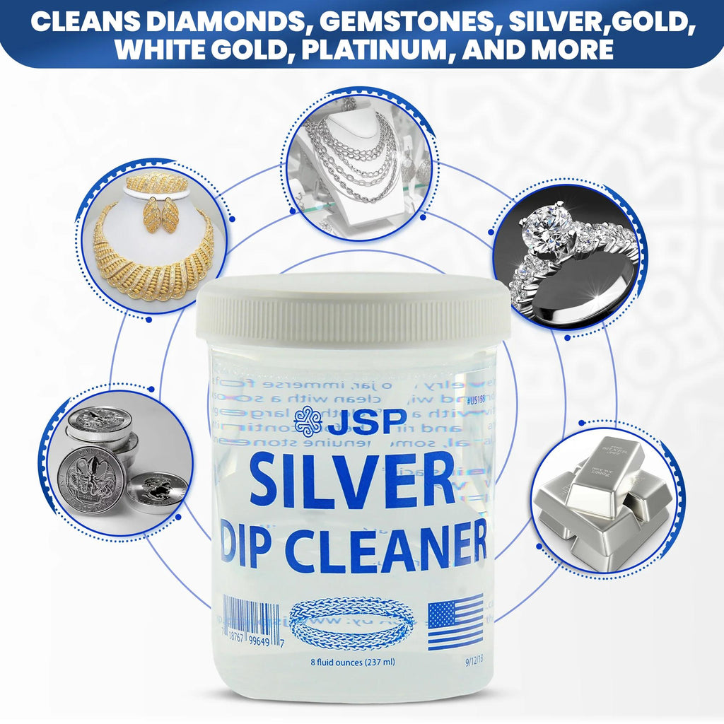 JSP Silver Dip Cleaner & Tarnish Remover 8oz Kit – 925 & 999 Sterling Silver Jewelry Cleaning Solution with Basket & Microfiber Cloth, Restores Shine