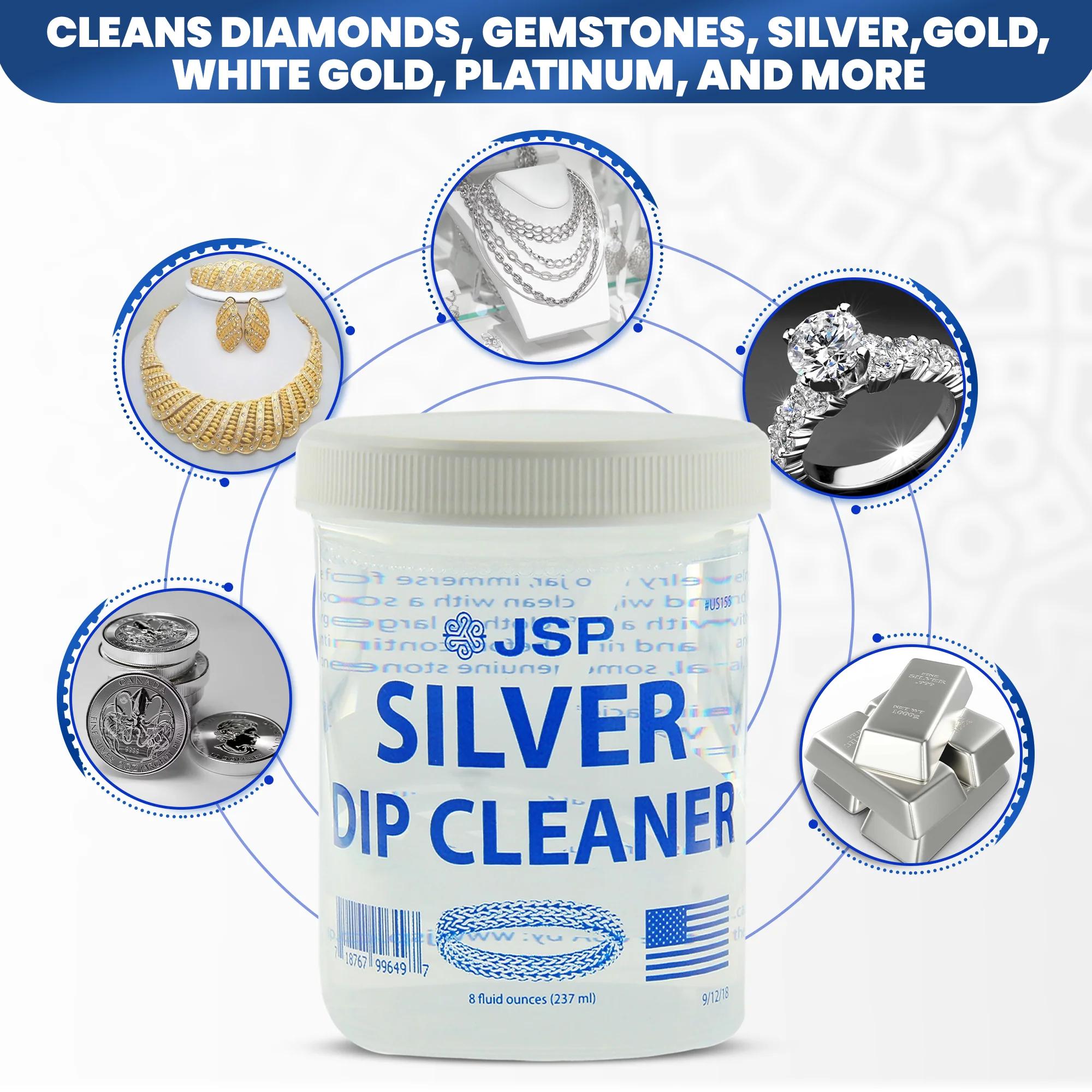 JSP Silver Dip Cleaner & Tarnish Remover 8oz Kit – 925 & 999 Sterling Silver Jewelry Cleaning Solution with Basket & Microfiber Cloth, Restores Shine