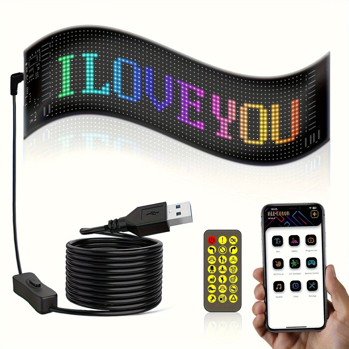 Flexible LED Dot Matrix Display Panel 16x96 – Programmable RGB Scrolling Sign with App & Remote Control, USB Powered, DIY Animated Lighting for Shop, Store, Hotel, Car, Home Decor