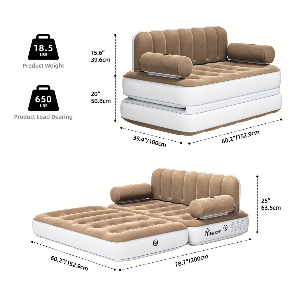 Inflatable Air Sofa Bed 2-in-1 Queen Size – Portable Blow Up Couch & Airbed with Headboard, Cup Holders, External Pump & Storage Bag, 440 lb Capacity for Home, Camping, Guests & Dorms