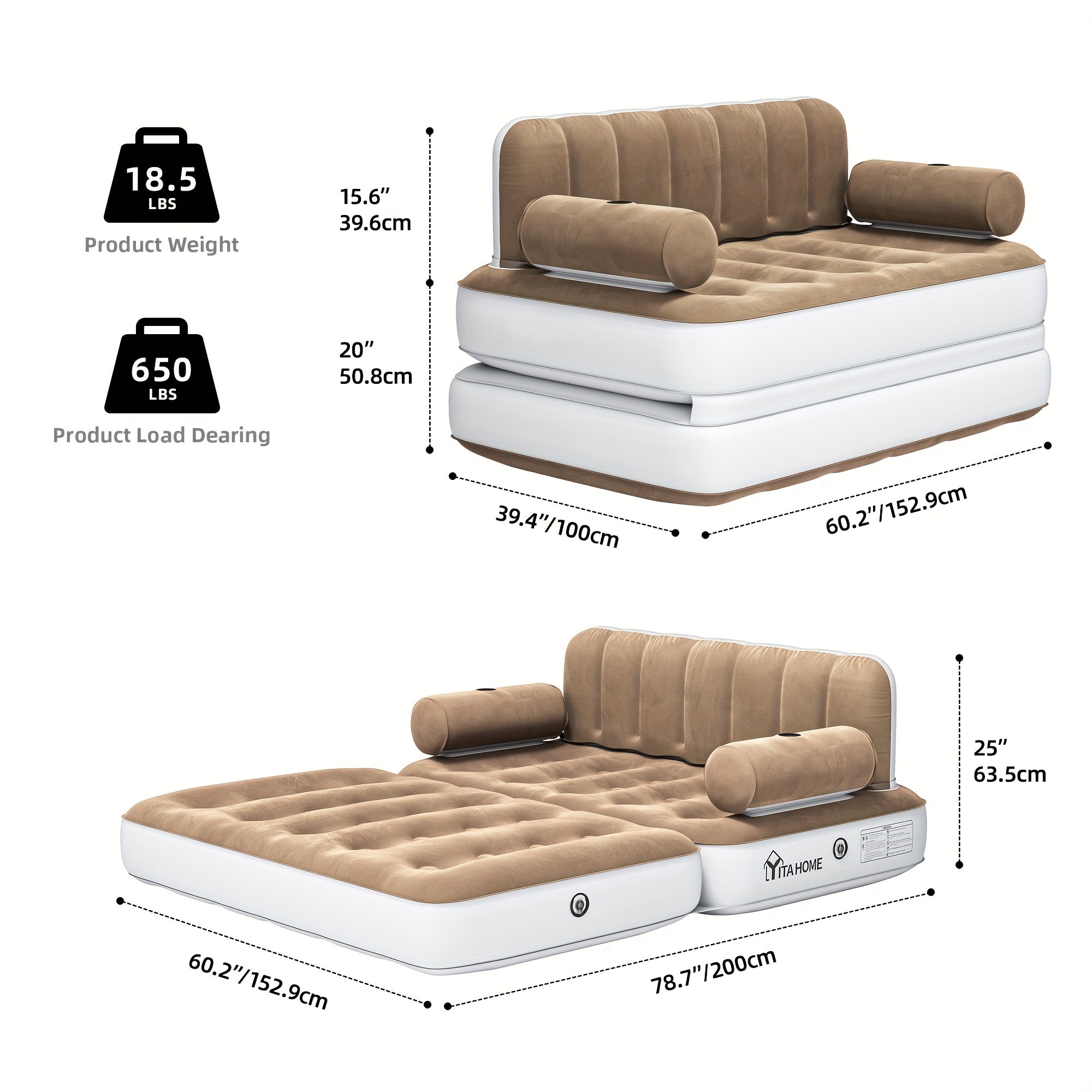 Inflatable Air Sofa Bed 2-in-1 Queen Size – Portable Blow Up Couch & Airbed with Headboard, Cup Holders, External Pump & Storage Bag, 440 lb Capacity for Home, Camping, Guests & Dorms