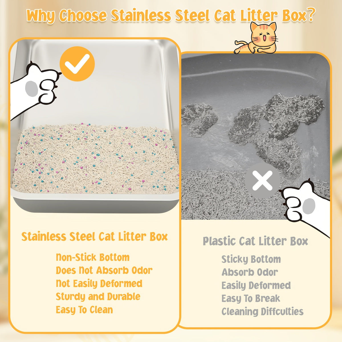 Stainless Steel Cat Litter Box High Sides Anti-Leakage Metal Litter Pan with Scoop Sifting Tray Rust-Proof Odor-Resistant Non-Stick Easy Clean Indoor Cat Toilet Medium Large Cats