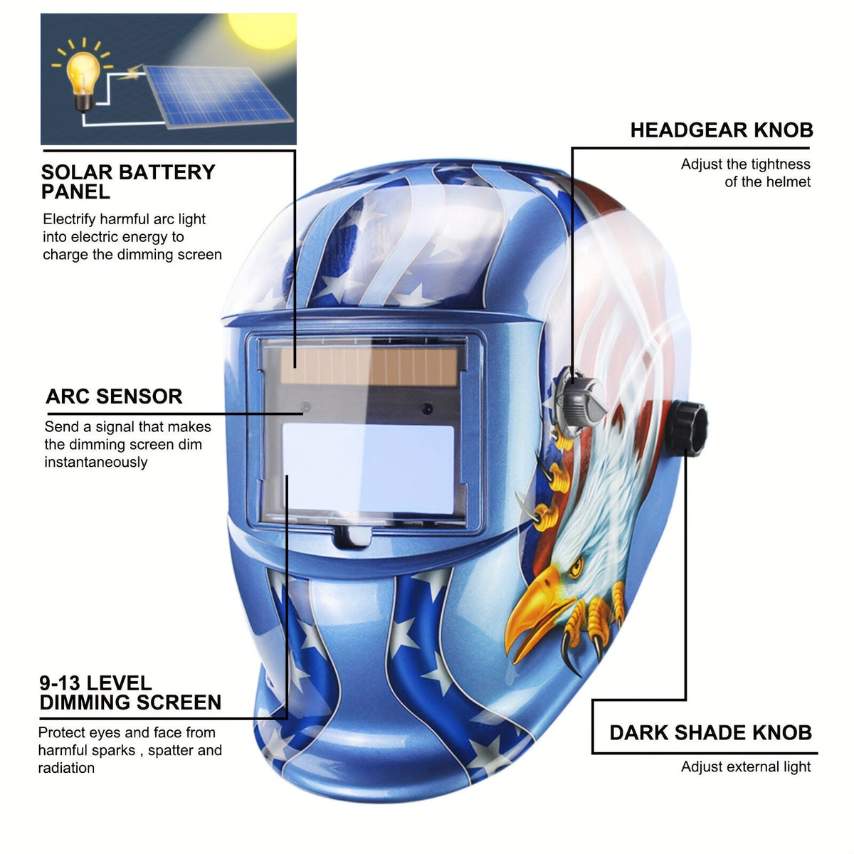 Solar Auto Darkening Welding Helmet True Color Large View Area - DIN 9-13 Adjustable Shade, 1/25000s Fast Response, Lightweight 18.3oz Welder Hood Mask for MIG TIG Arc Welding, Eagle Lightning Black Fire