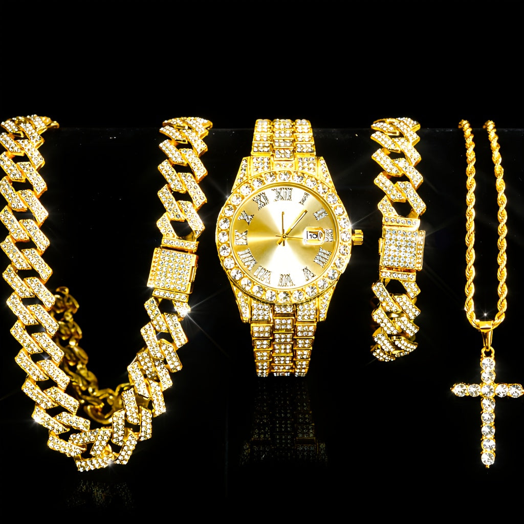 Luxury Cuban Link Jewelry Set for Men & Women – 4-Piece Necklace Bracelet Pendant Wristwatch Full Set 12 Color Options Silver Gold Pink Green Blue Hip Hop Bling Valentine's Day Christmas Gift