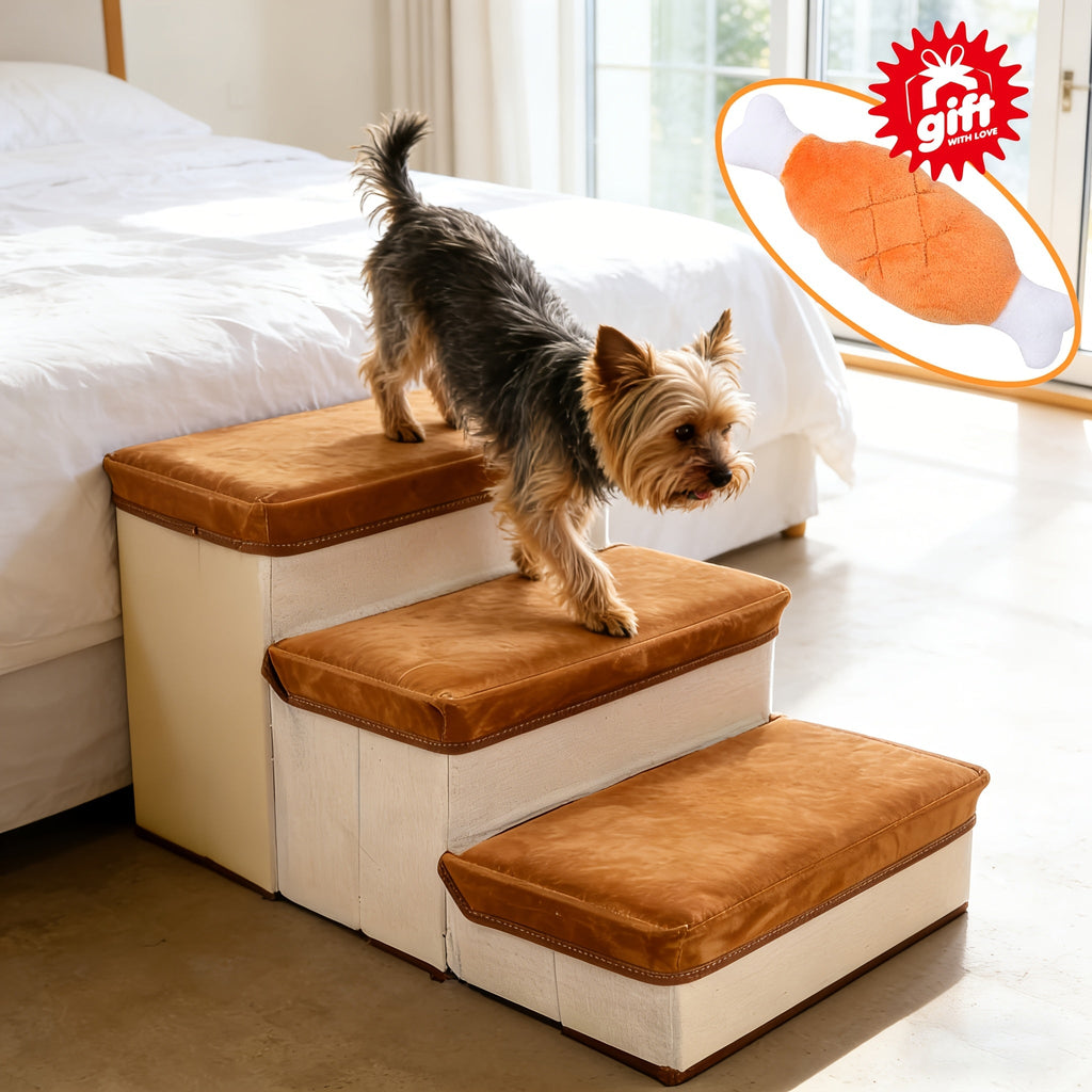 3-Tier Foldable Dog Stairs for Small Dogs Non-Slip Nylon Pet Ramp for High Beds Sofas Compact Foldable Brown White Includes Bonus Plush Toy